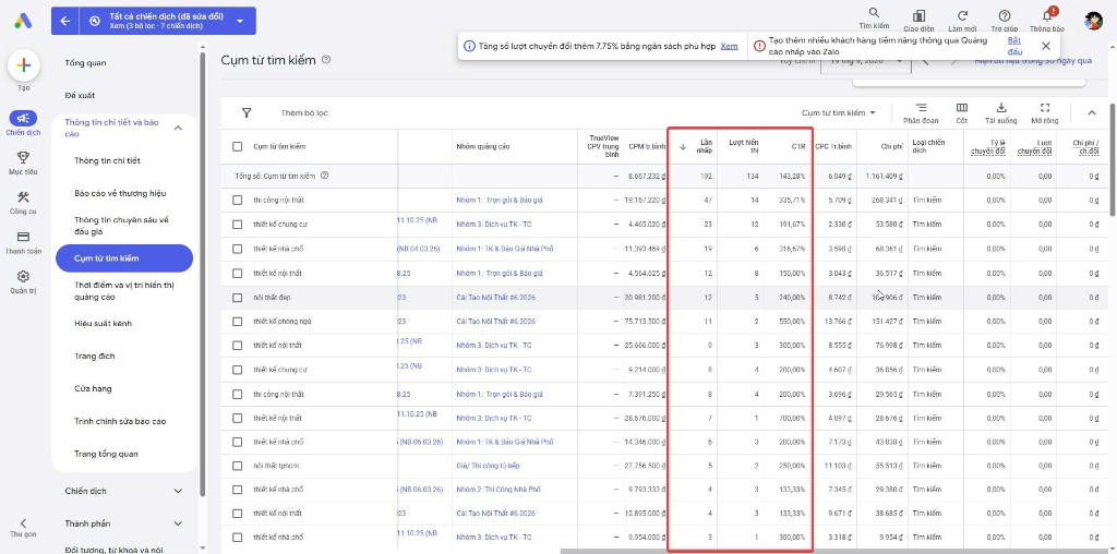 Báo cáo cụm từ tìm kiếm Google Ads ghi nhận CTR bất thường từ 143% đến 700%